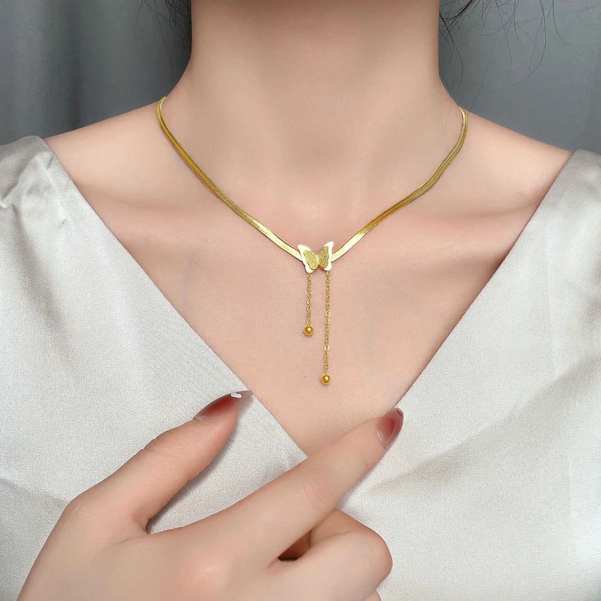 Stainless Steel Frosted Butterfly Necklace For Women Gold Silver Color Snake Chain Choker Necklace Female Fashion Party Jewelry