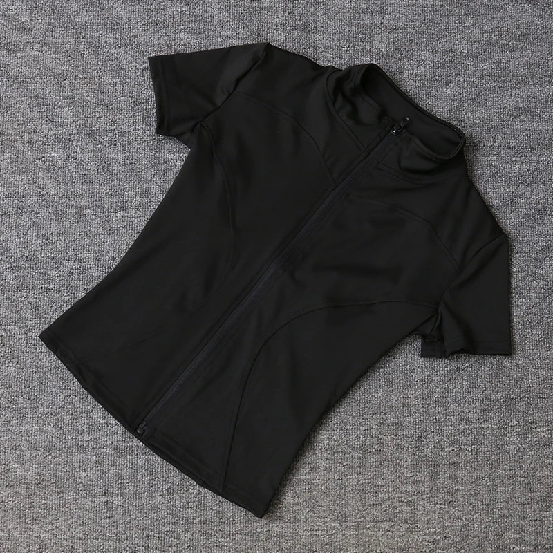Summer Solid Zipper Slimming Coat Women Short Sleeve Stand Collar Cycling Running Tops Female Gym Sports Workout Clothes Street