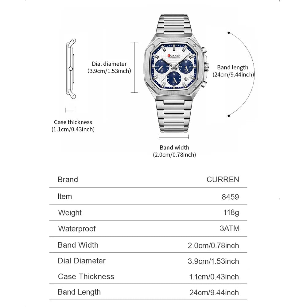 CURREN Luxury Square Chrono Watch for Men Classic Design Gold Accents on Black Dial Fashion Quartz Wristwatch Luminous Hands