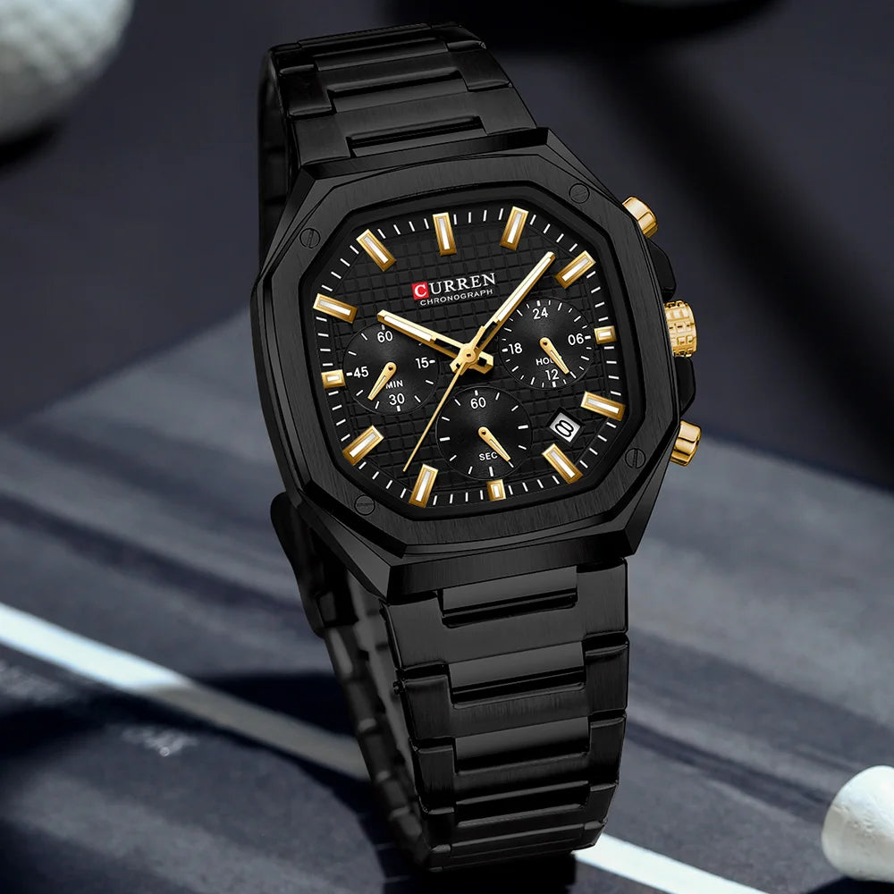 CURREN Luxury Square Chrono Watch for Men Classic Design Gold Accents on Black Dial Fashion Quartz Wristwatch Luminous Hands