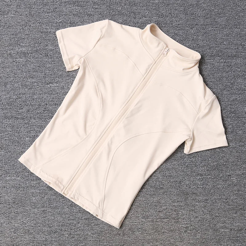 Summer Solid Zipper Slimming Coat Women Short Sleeve Stand Collar Cycling Running Tops Female Gym Sports Workout Clothes Street