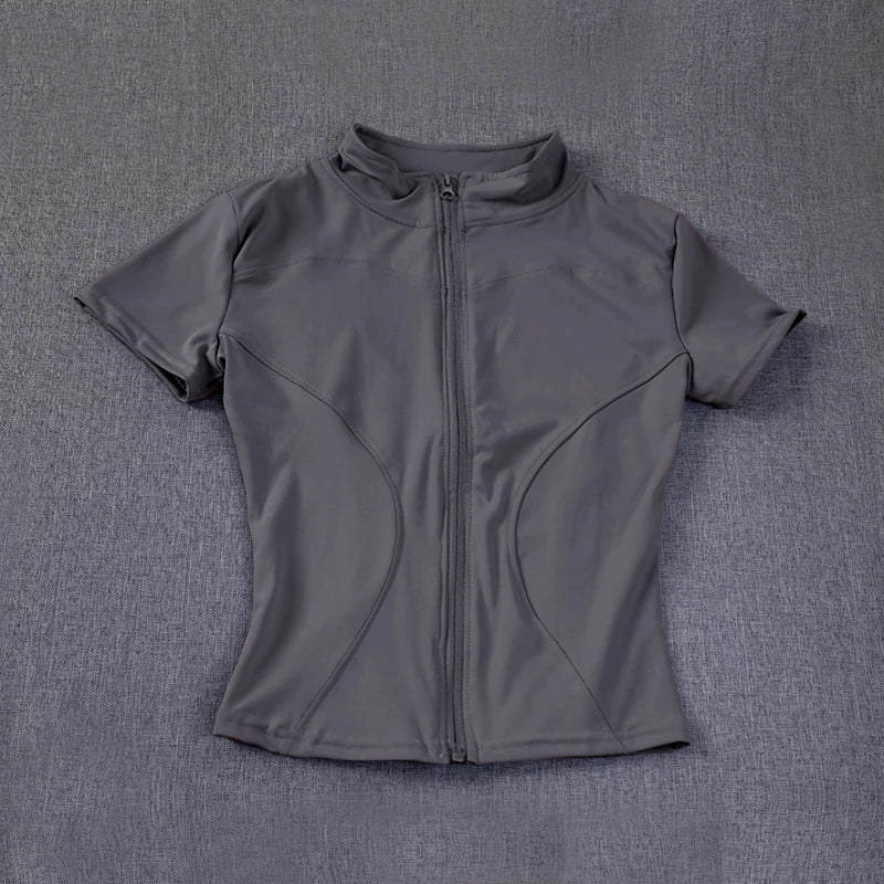 Summer Solid Zipper Slimming Coat Women Short Sleeve Stand Collar Cycling Running Tops Female Gym Sports Workout Clothes Street