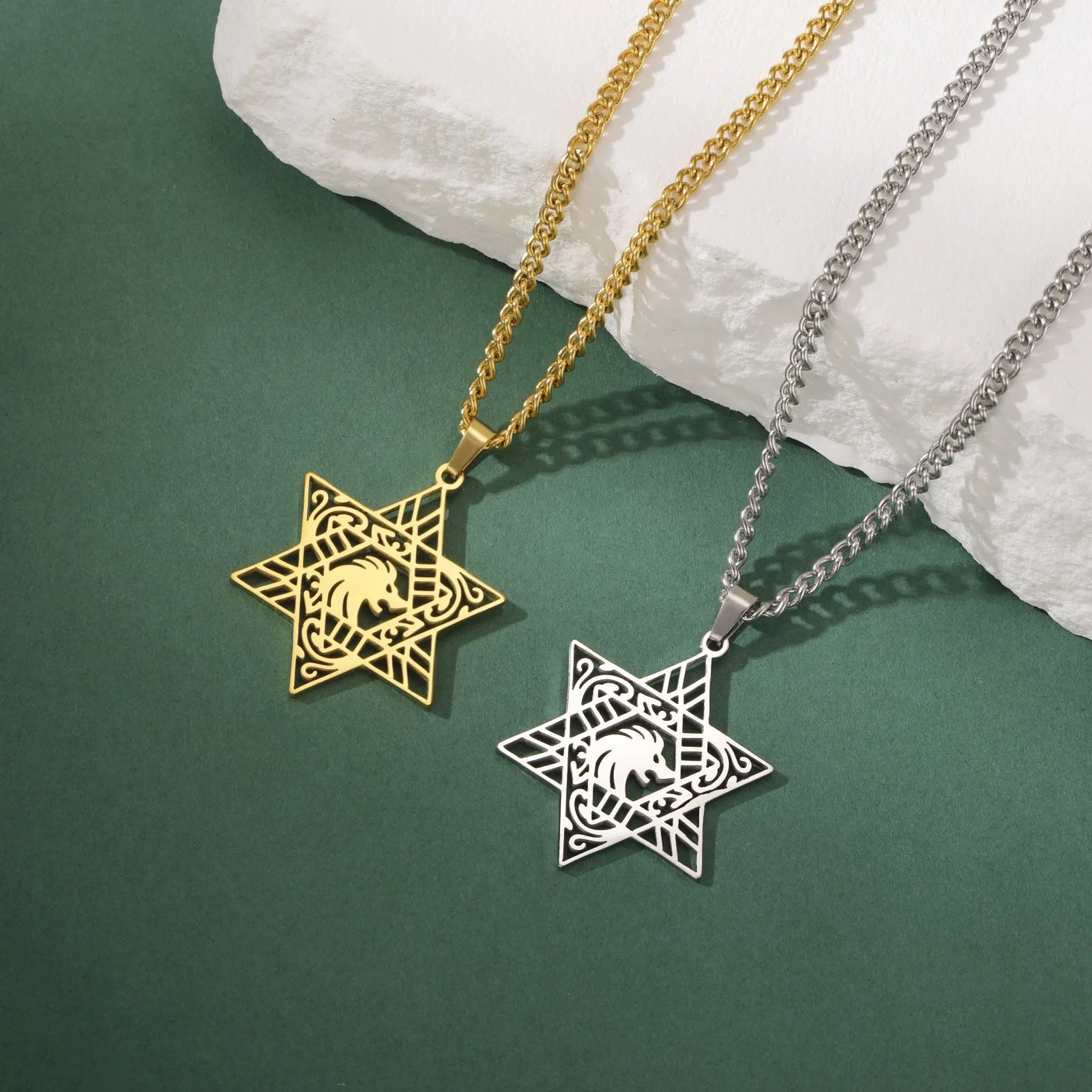 Minimalist Star of David Pendant Necklace Stainless Steel Hollow Moon Tree of Life Lion Religious Jewish Jewelry for Women Men