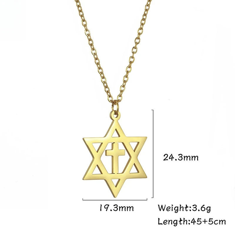 Minimalist Star of David Pendant Necklace Stainless Steel Hollow Moon Tree of Life Lion Religious Jewish Jewelry for Women Men