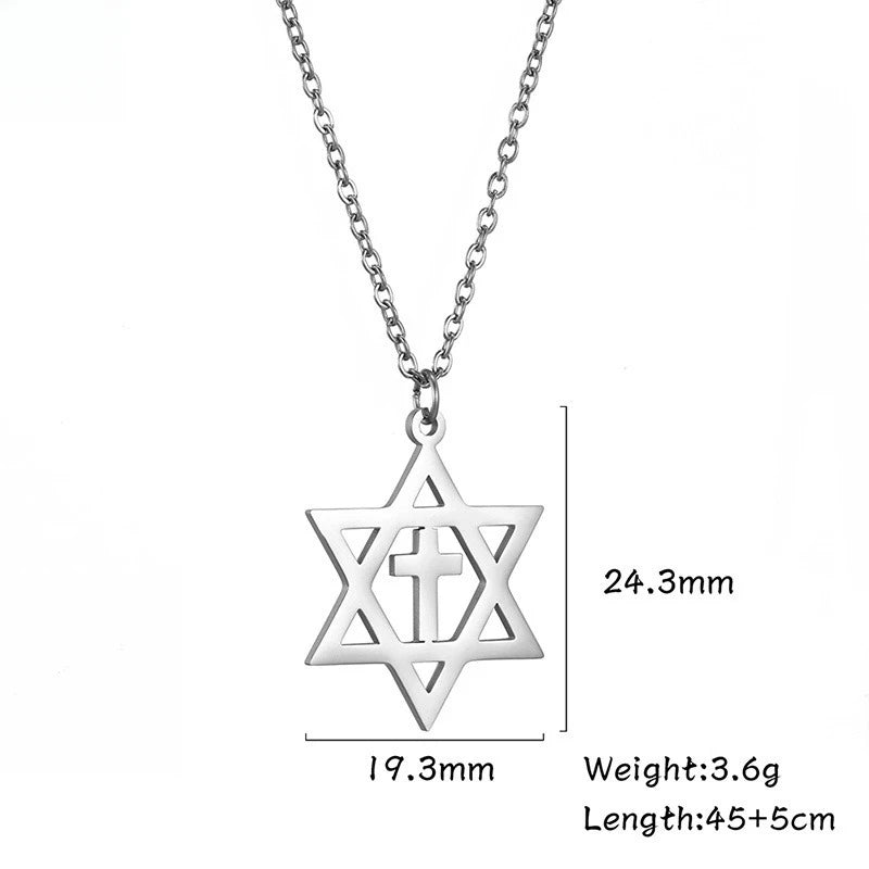 Minimalist Star of David Pendant Necklace Stainless Steel Hollow Moon Tree of Life Lion Religious Jewish Jewelry for Women Men