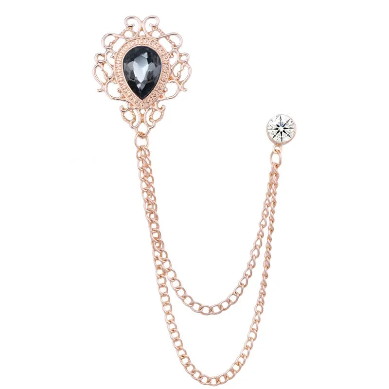 New Vintage Tassel Chain Rhinestone Crystal Lapel Pin - Unisex Men Women Suit Shirt Collar Tie Accessories Fashion Jewelry