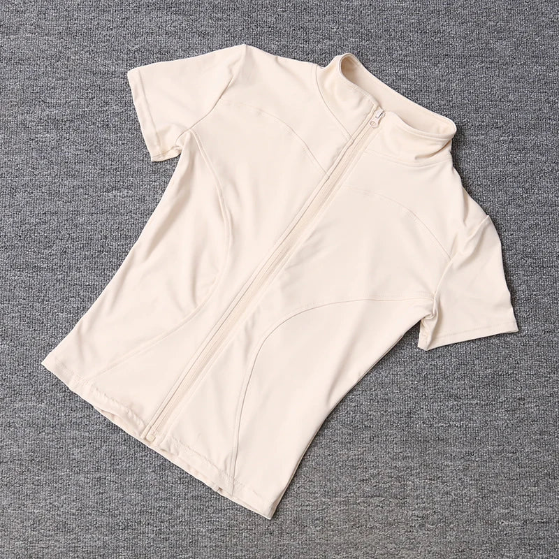 Summer Solid Zipper Slimming Coat Women Short Sleeve Stand Collar Cycling Running Tops Female Gym Sports Workout Clothes Street