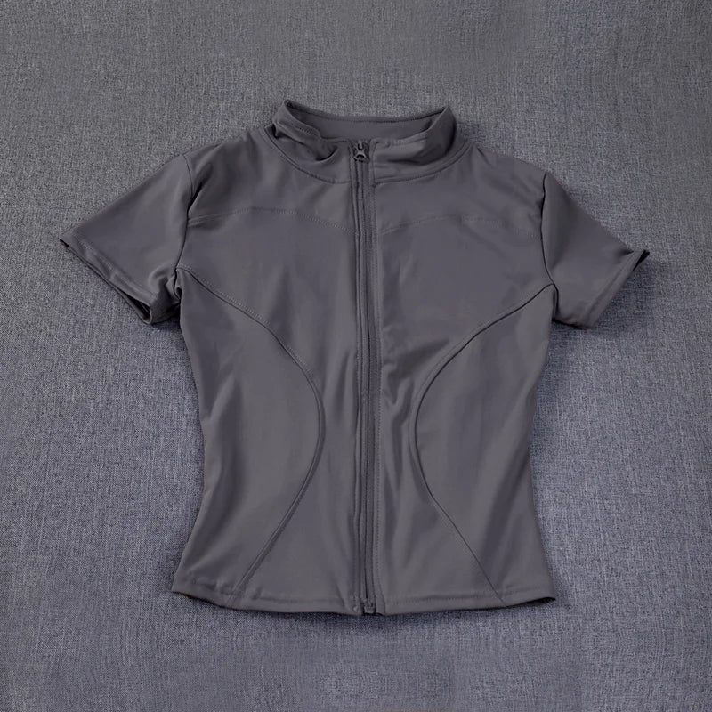 Summer Solid Zipper Slimming Coat Women Short Sleeve Stand Collar Cycling Running Tops Female Gym Sports Workout Clothes Street