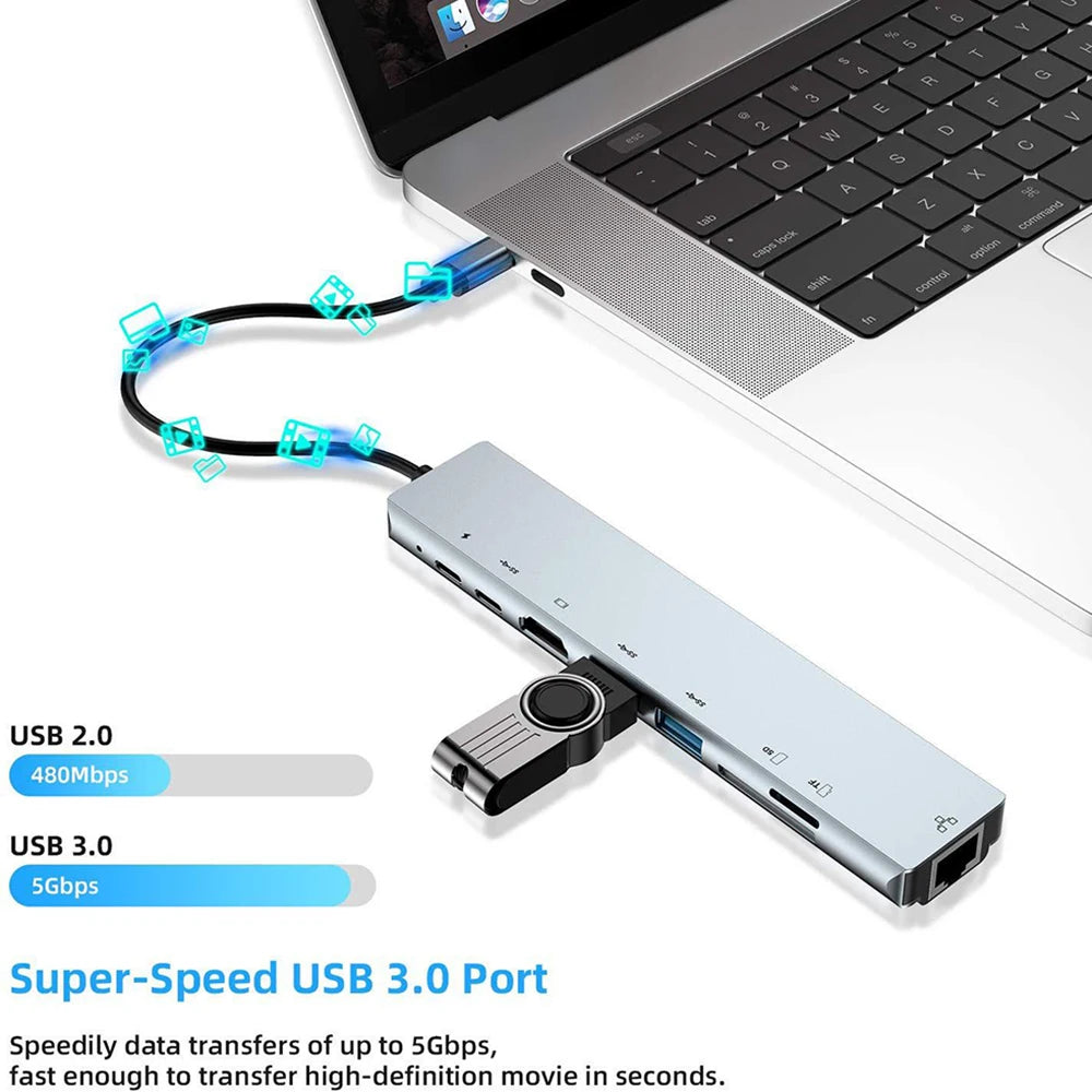 8 in 1 USB C Hub Type C 3.1 to 4K HDMI Adapter USB 3.0 Docking Station Type C Splitter with RJ45 SD/TF Card Reader PD for Laptop